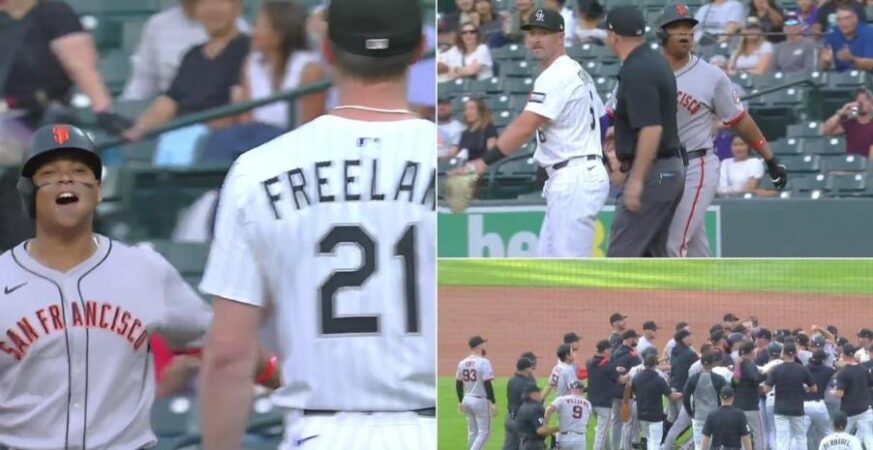 Rafael Devers y el pitcher Kyle Freeland intercambian palabras segundos después de que el dominicano le conectara de jonrón al pitcher de los Rockies.Fuente externa
